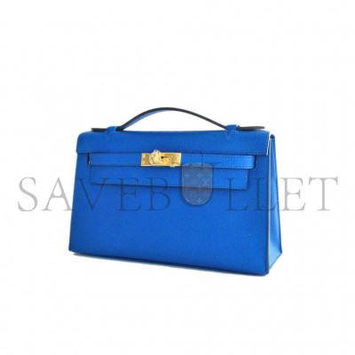 HERMES BLUE IZMIR GOLD KELLY POCHETTE EPSOM GHW CLUTCH CUT BAG (22*14*7cm) 